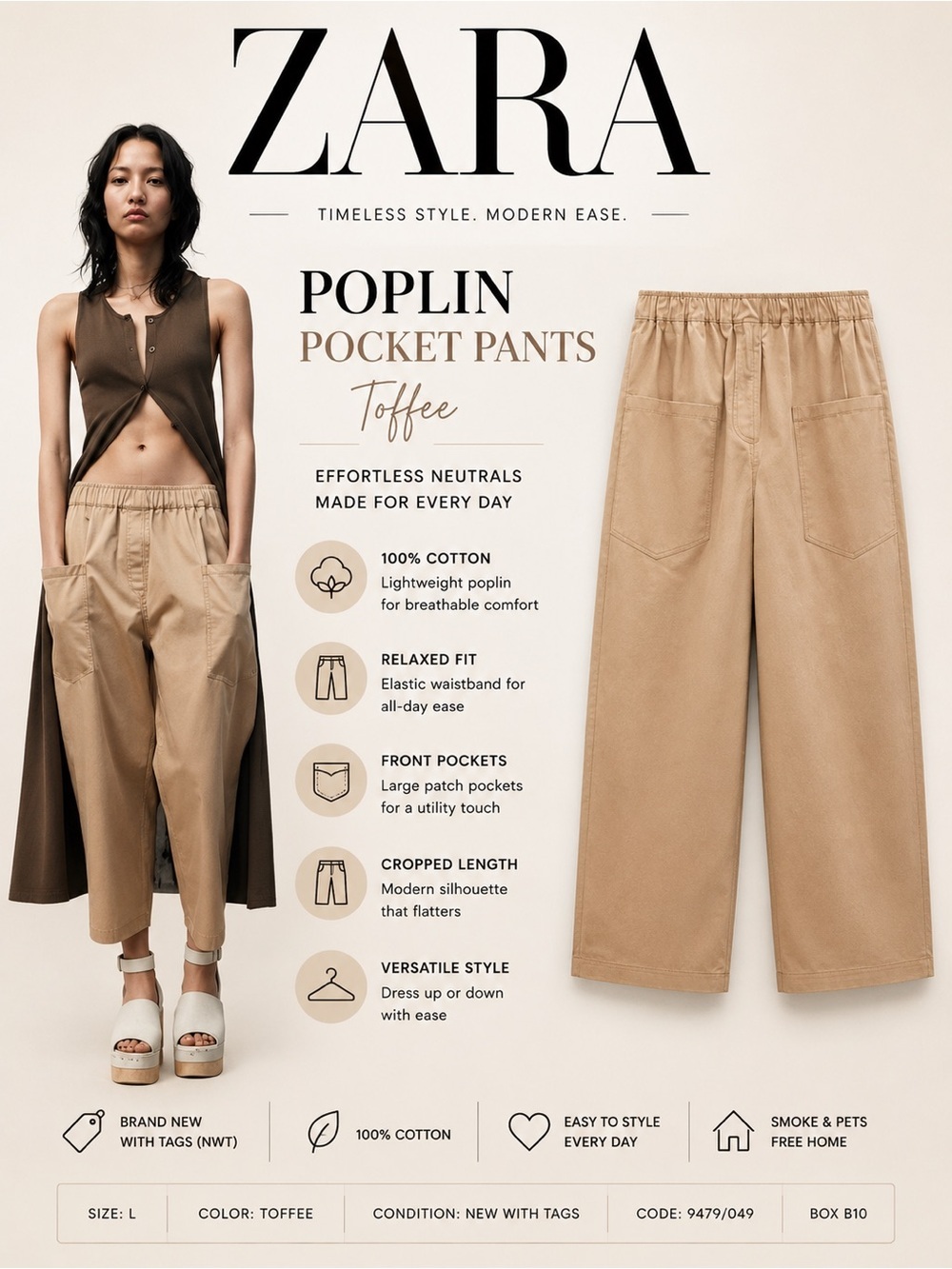 ZARA Toffee Poplin Pocket Pants 100% Cotton NWT Size L
